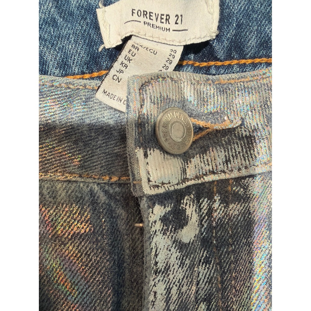Women's Holographic Wide Leg Jeans 29 High Rise Iridescent Blue Gold Metallic - Picture 3 of 6